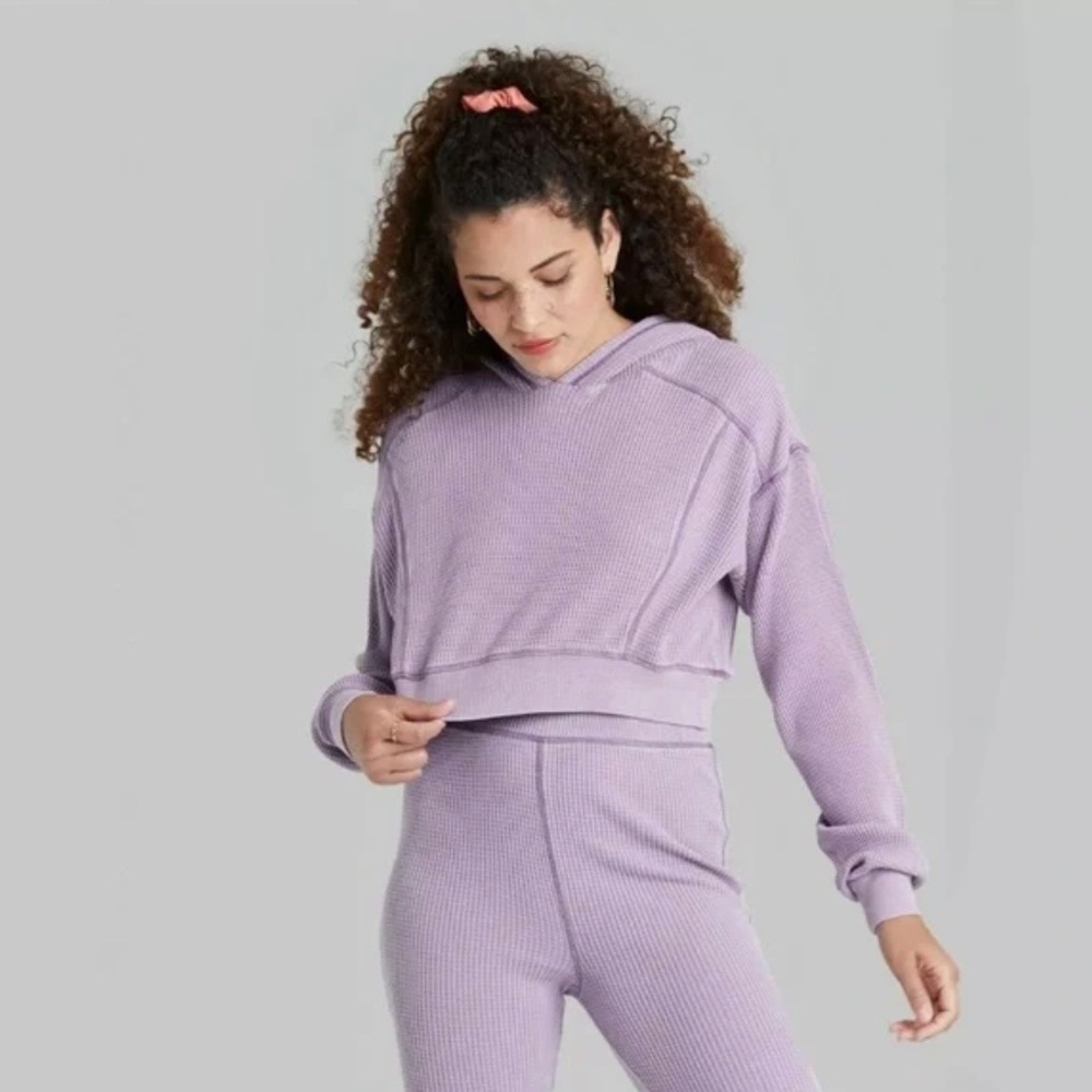 NWT Wild Fable Cropped Waffle Knit Hoodie Purple Size M - Picture 2 of 7